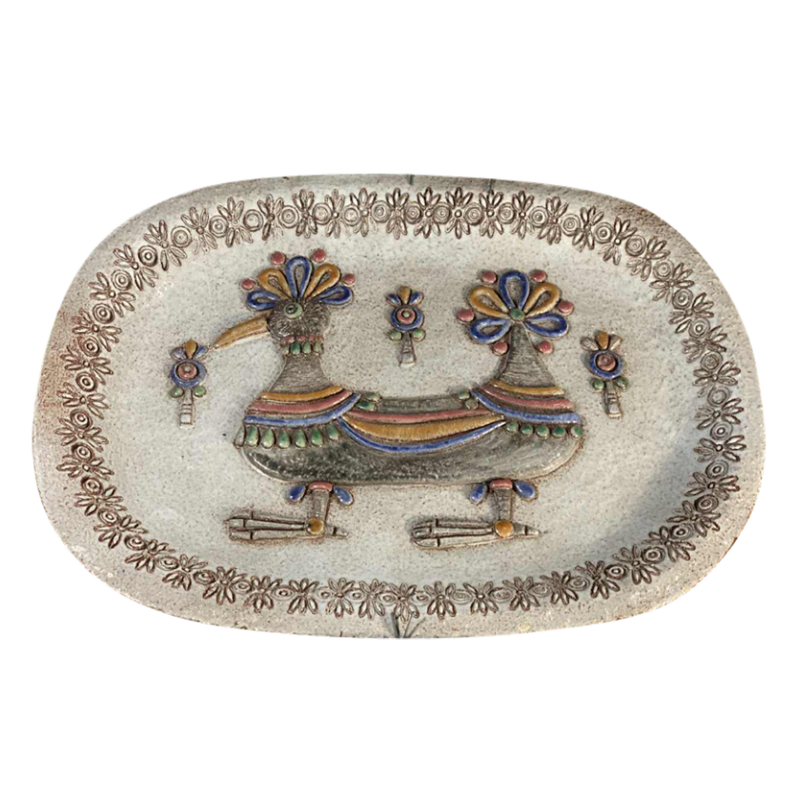 M.H. BATAILLE pour DOUR, grand plat en Céramique " Oiseau Fantastique ", ca 1960