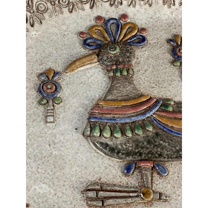 M.H. BATAILLE pour DOUR, grand plat en Céramique " Oiseau Fantastique ", ca 1960