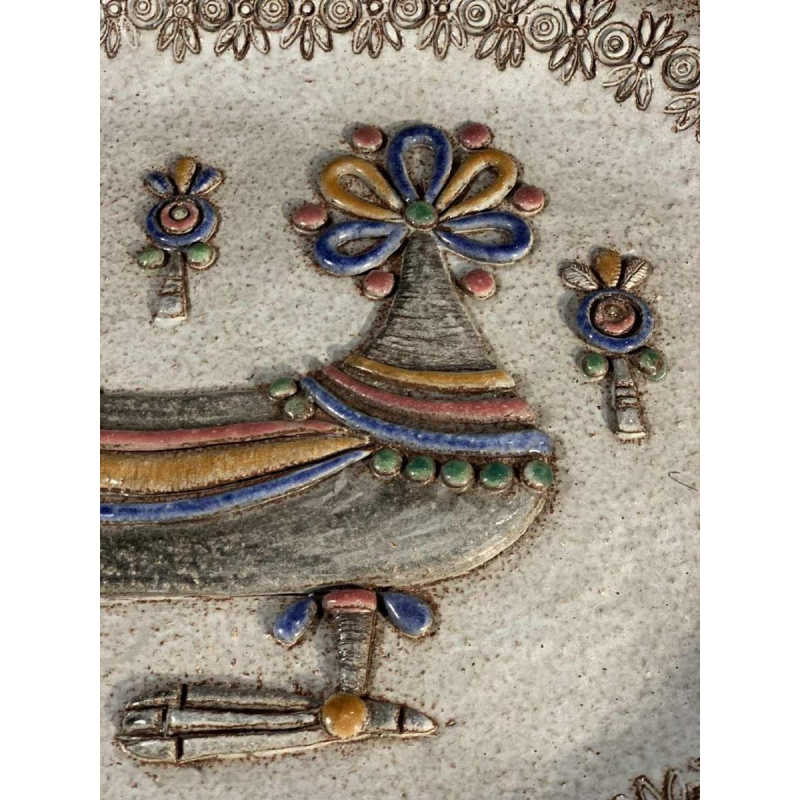 M.H. BATAILLE pour DOUR, grand plat en Céramique " Oiseau Fantastique ", ca 1960