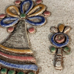 M.H. BATAILLE pour DOUR, large ceramic dish " Fantastic Bird ", ca 1960