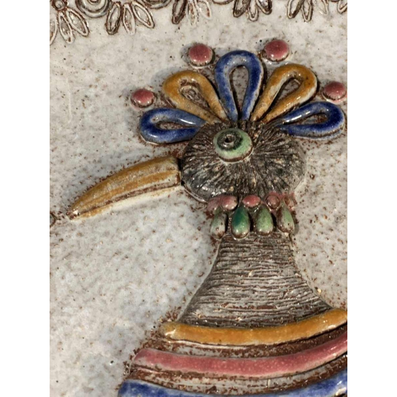 M.H. BATAILLE pour DOUR, grand plat en Céramique " Oiseau Fantastique ", ca 1960