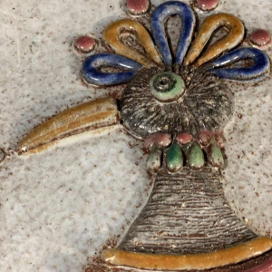 M.H. BATAILLE pour DOUR, grand plat en Céramique " Oiseau Fantastique ", ca 1960