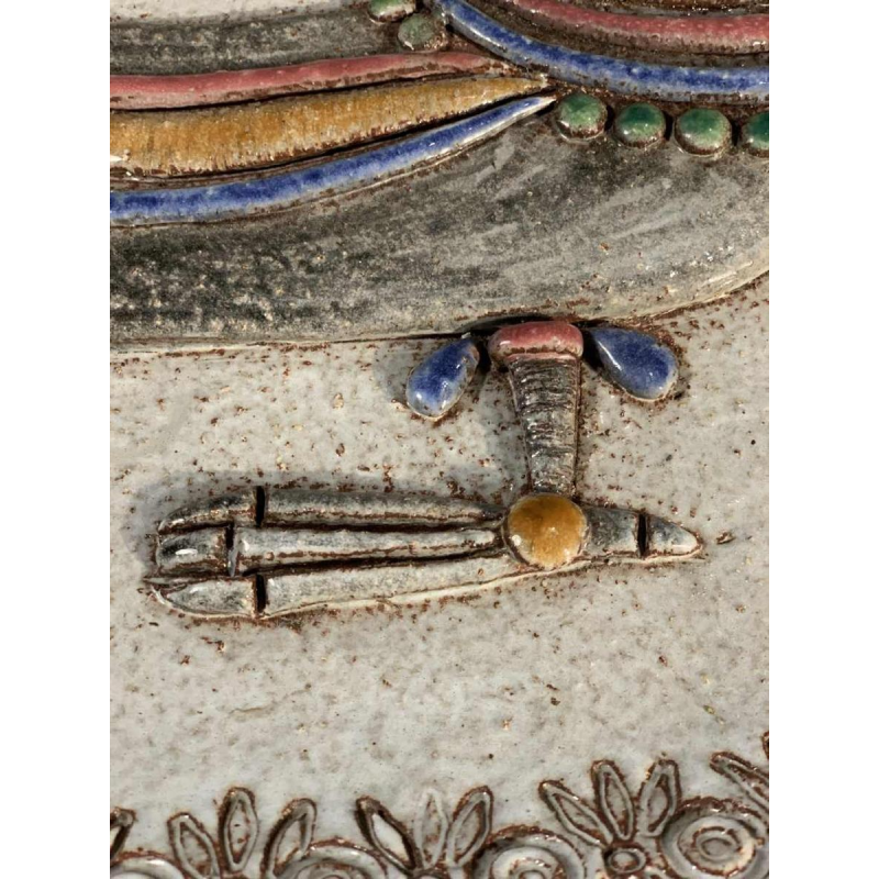M.H. BATAILLE pour DOUR, grand plat en Céramique " Oiseau Fantastique ", ca 1960