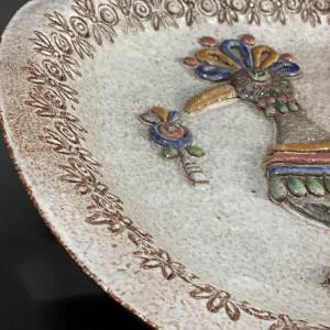 M.H. BATAILLE pour DOUR, large ceramic dish " Fantastic Bird ", ca 1960