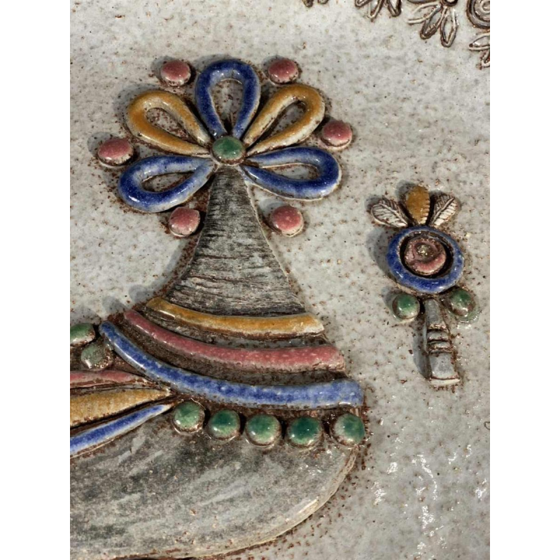 M.H. BATAILLE pour DOUR, grand plat en Céramique " Oiseau Fantastique ", ca 1960