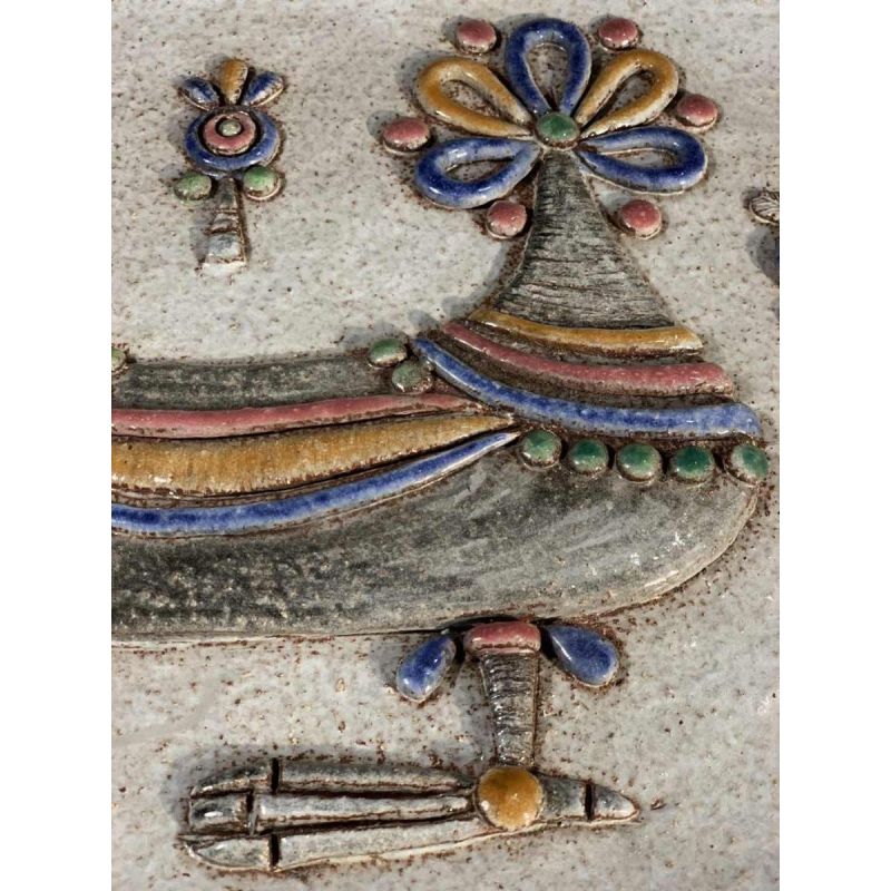 M.H. BATAILLE pour DOUR, grand plat en Céramique " Oiseau Fantastique ", ca 1960