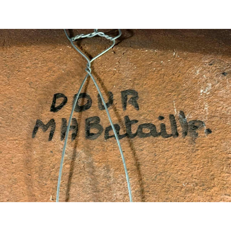 M.H. BATAILLE pour DOUR, grand plat en Céramique " Oiseau Fantastique ", ca 1960