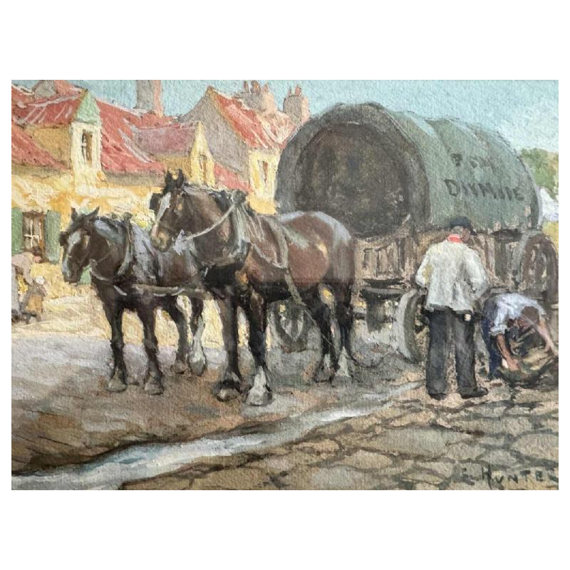 E. HUNTER: "Trailer scene" watercolour gouache