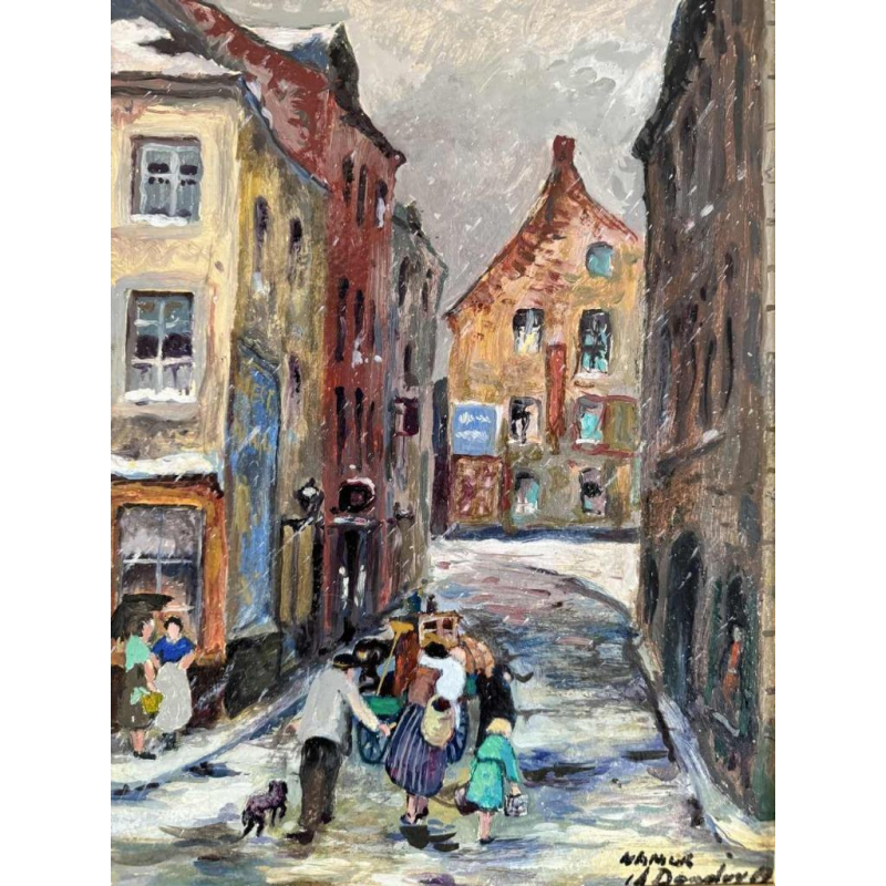 Albert DANDOY (1885-1977): Namur - Rue des Bouchers par temps de neige (Namen - Slagersstraat bij sneeuwweer)