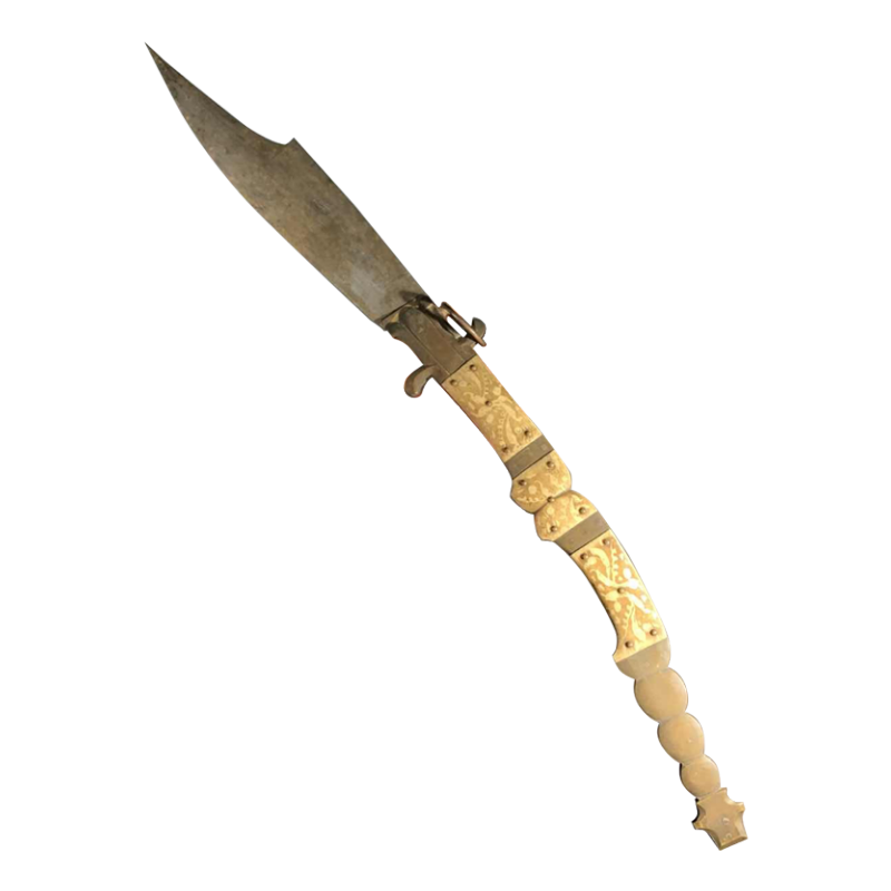 VALERO JUN ZARAGOZA, Important Antique Folding NAVAJA Knife ' Crotal's Tail ' bronze & bone, 19th