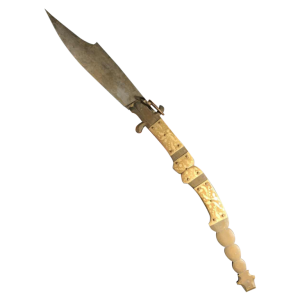 VALERO JUN ZARAGOZA, Important Antique Folding NAVAJA Knife ' Crotal's Tail ' bronze & bone, 19th