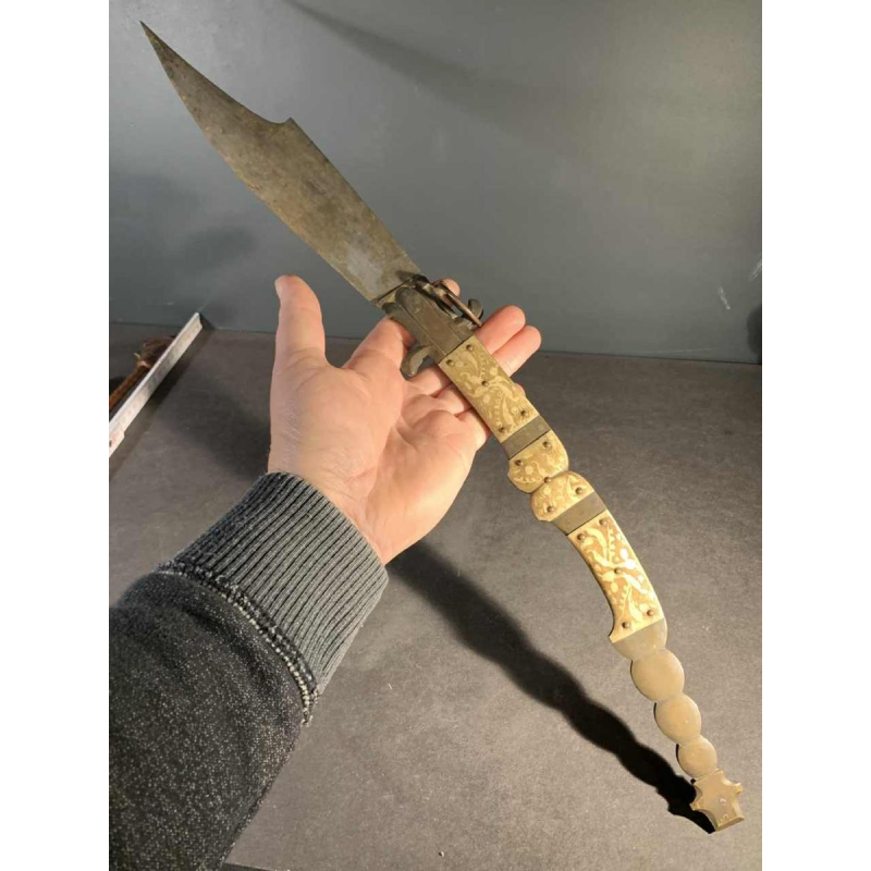 VALERO JUN ZARAGOZA, Important Antique Folding NAVAJA Knife ' Crotal's Tail ' bronze & bone, 19th