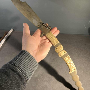 VALERO JUN ZARAGOZA, Important Antique Folding NAVAJA Knife ' Crotal's Tail ' bronze & bone, 19th