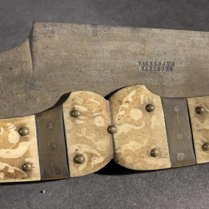 VALERO JUN ZARAGOZA, Important Antique Folding NAVAJA Knife ' Crotal's Tail ' bronze & bone, 19th