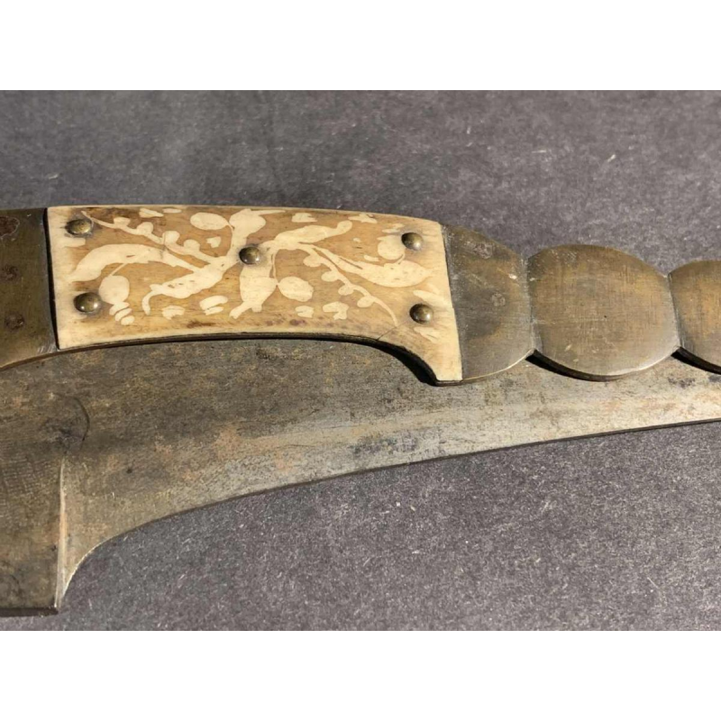 VALERO JUN ZARAGOZA, Important Ancien Couteau NAVAJA pliant Queue de Crotal, bronze et os, 19ème