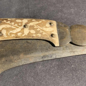 VALERO JUN ZARAGOZA, Important Antique Folding NAVAJA Knife ' Crotal's Tail ' bronze & bone, 19th