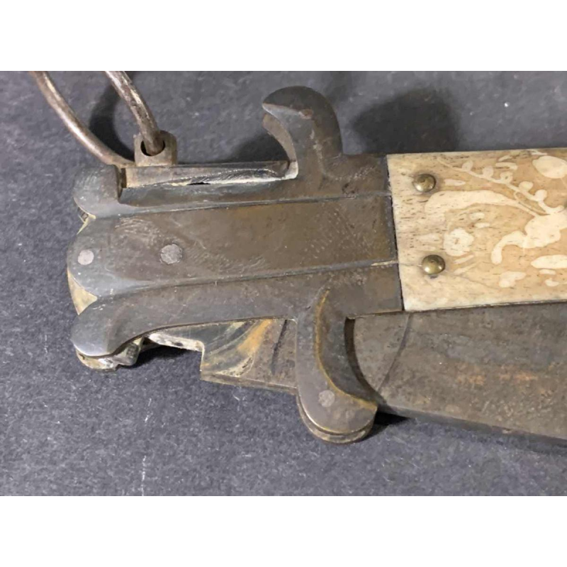 VALERO JUN ZARAGOZA, Important Ancien Couteau NAVAJA pliant Queue de Crotal, bronze et os, 19ème