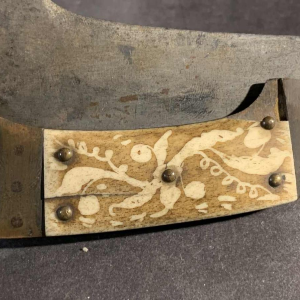 VALERO JUN ZARAGOZA, Important Antique Folding NAVAJA Knife ' Crotal's Tail ' bronze & bone, 19th