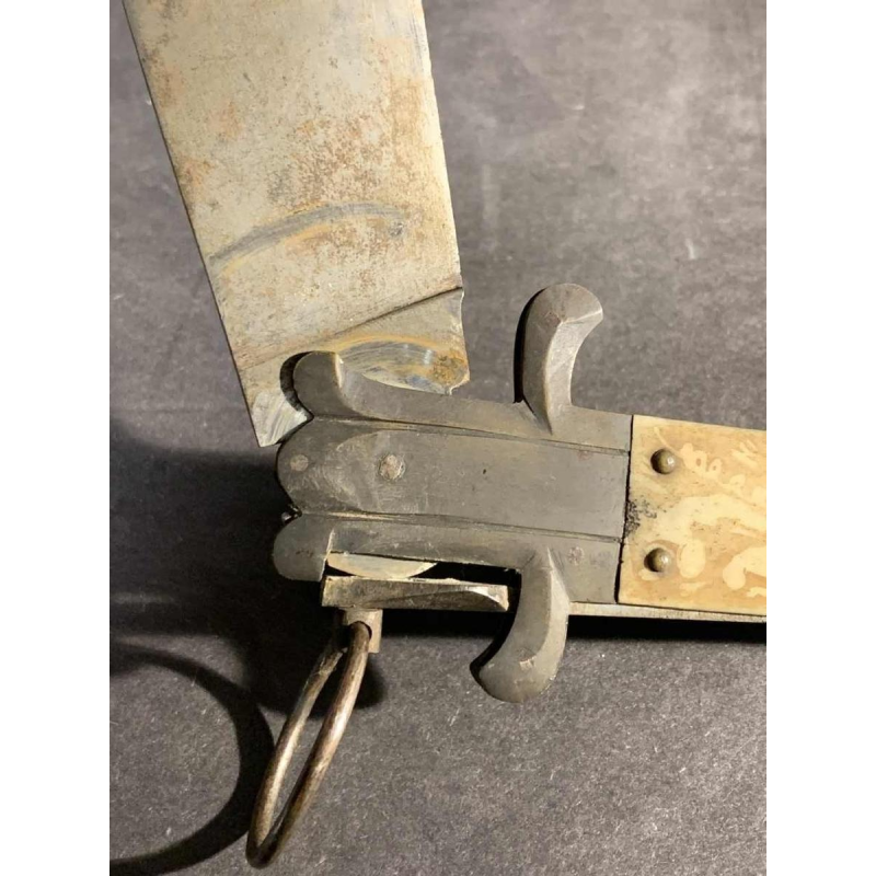 VALERO JUN ZARAGOZA, Important Antique Folding NAVAJA Knife ' Crotal's Tail ' bronze & bone, 19th