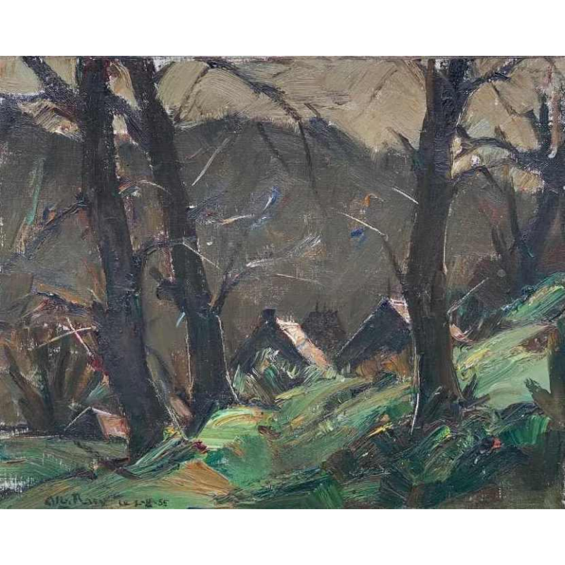 Albert Raty "village ardennais en bordure d'une forêt" huile sur toile marouflée