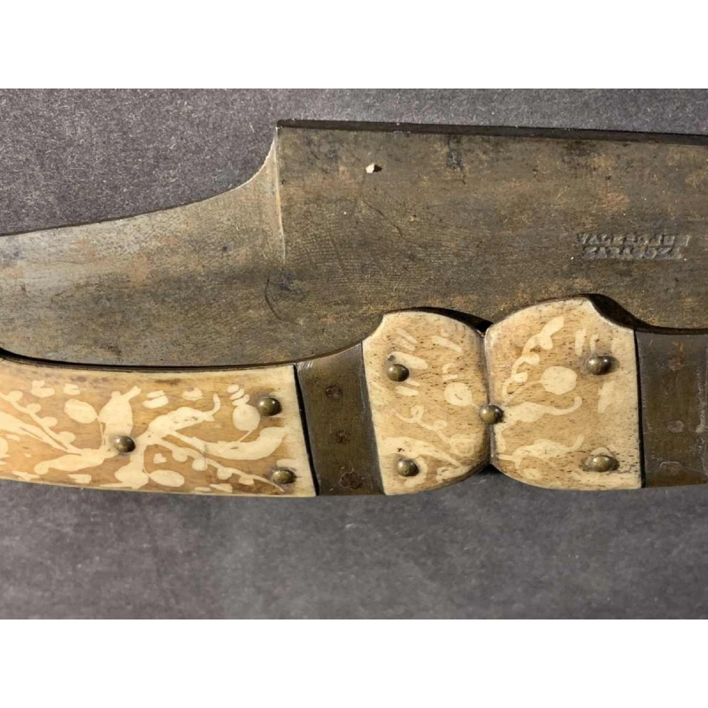VALERO JUN ZARAGOZA, Important Antique Folding NAVAJA Knife ' Crotal's Tail ' bronze & bone, 19th
