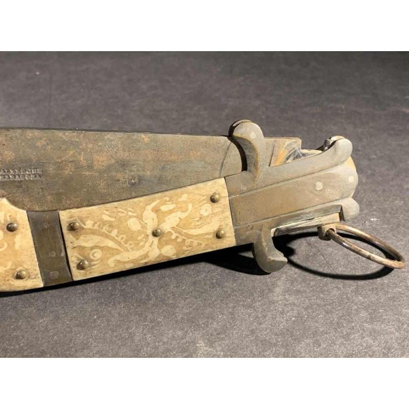 VALERO JUN ZARAGOZA, Important Antique Folding NAVAJA Knife ' Crotal's Tail ' bronze & bone, 19th