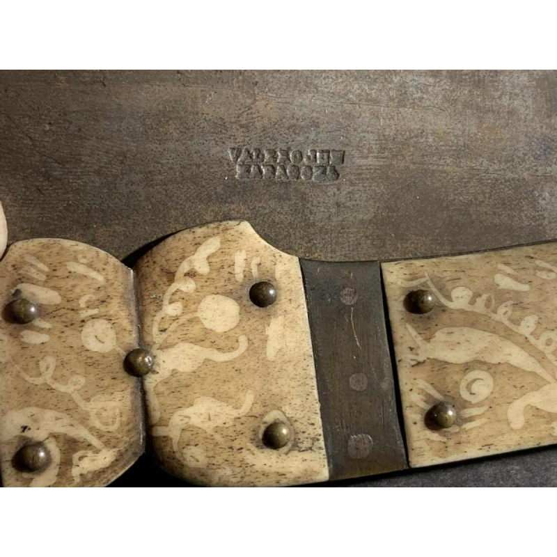 VALERO JUN ZARAGOZA, Important Antique Folding NAVAJA Knife ' Crotal's Tail ' bronze & bone, 19th