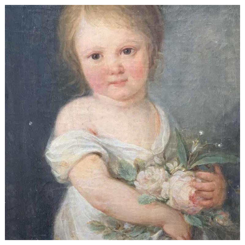 RESERVE "Portrait d'une jeune enfant au bouquet de roses" huile sur toile 18e