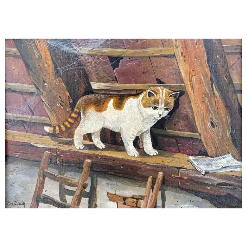 Marie-Louise Batardy « Enquête au grenier » huile sur toile avec chaton