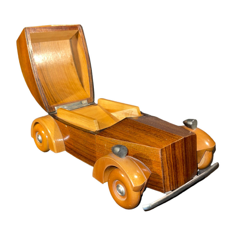 Walnut and Mahogany Art Deco Automobile Cigarette Dispenser Box, ca 1930