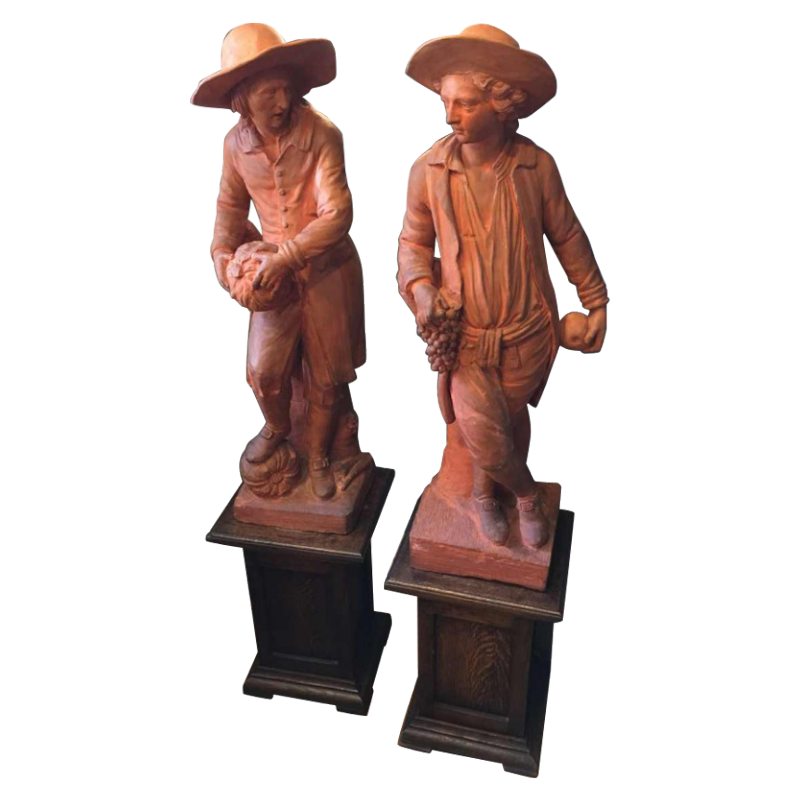 " Les jardiniers ", paire de grandes sculptures en terre cuite, 19ème