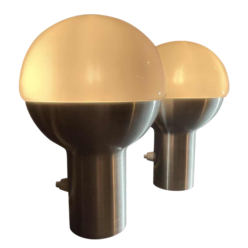 Paire de Lampes de Chevet, Design italien, Aluminium Brosse´ Verre Opaline 1970s