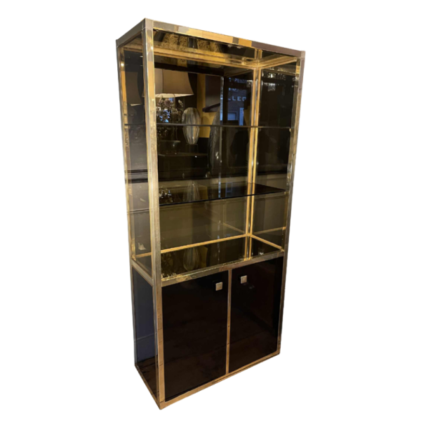 Vitrine / Etage`re / Bibliothèque Hollywood Regency, Laiton et Bois Laque´ 1970