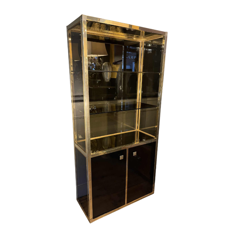 Vitrine / Etage`re / Bibliothèque Hollywood Regency, Laiton et Bois Laque´ 1970