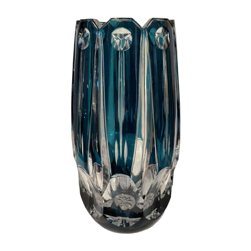Vase art deco cristal taillé Val Saint Lambert incolore doublé bleu pétrole