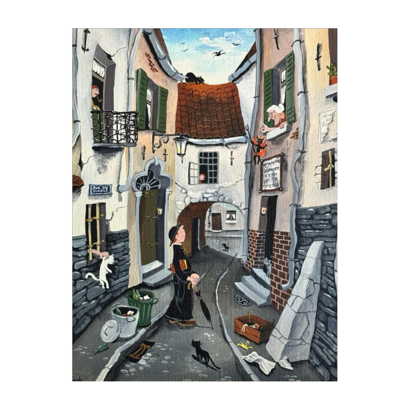 Marie-Louise BATARDY 'duivelse straat ' schilderij olie op doek