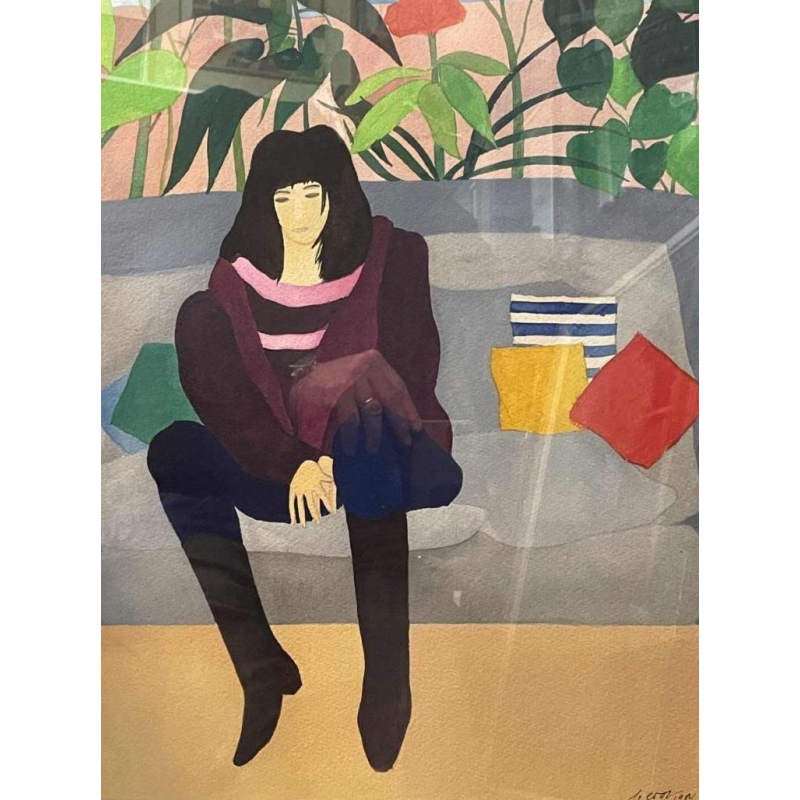 Luc PEROT (1922-1985): « Femme pensive sur le canapé gris » technique mixte