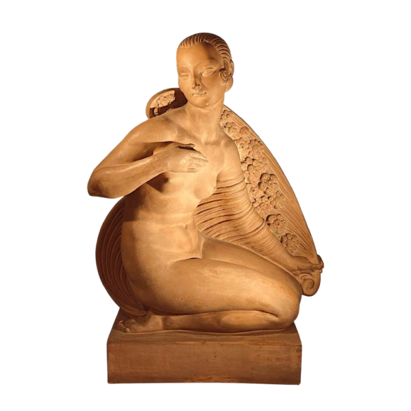 JOE DESCOMPS CORMIER 'Kneeling Nude Woman with Drape' Art Deco terracotta sculpture, ca 1910