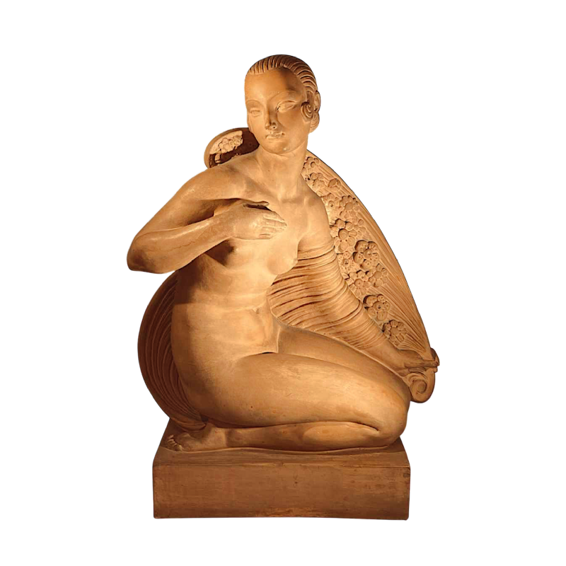 JOE DESCOMPS CORMIER 'Femme nue agenouillée au drapé“ sculpture Art Déco en terre cuite, ca 1910