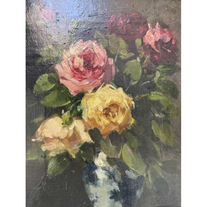 Hubert BELLIS (1831-1902): « Nature morte de roses » huile sur toile