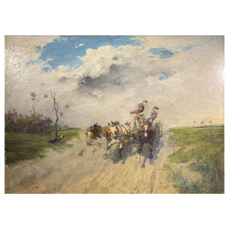 Laszlo Pataky, Tableau " Chevauchée Sauvage en Troïka ", Huile sur Panneau, 1883