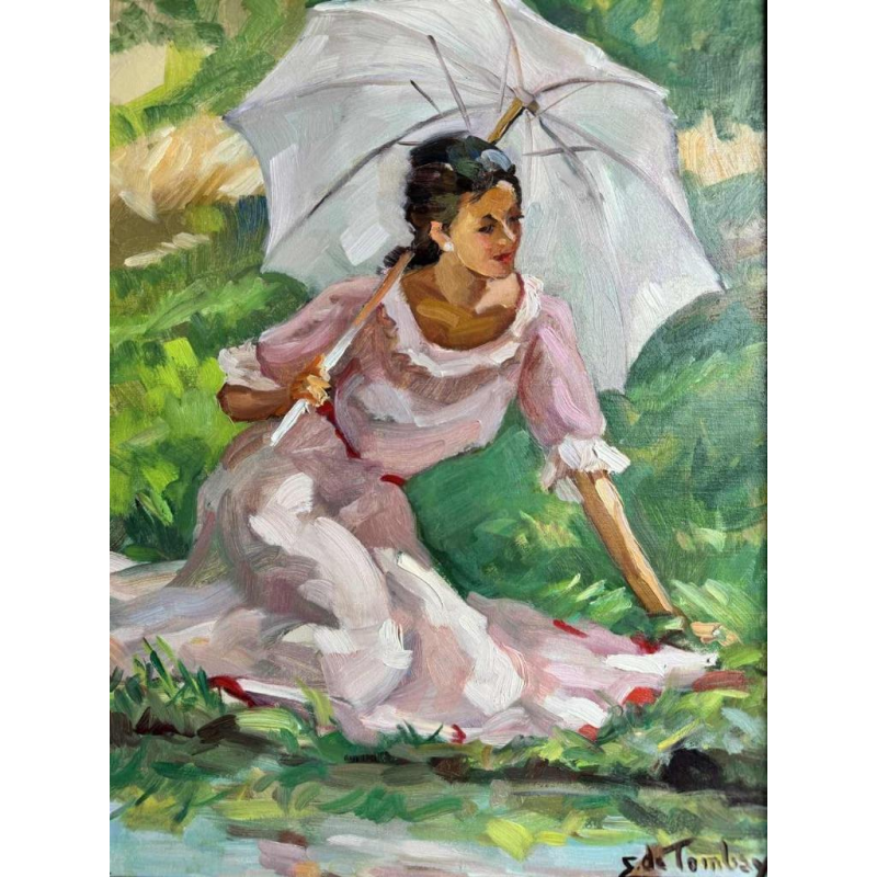 Ellen de TOMBAY (1918-1998): « Jeune dame à l'ombrelle » peinture