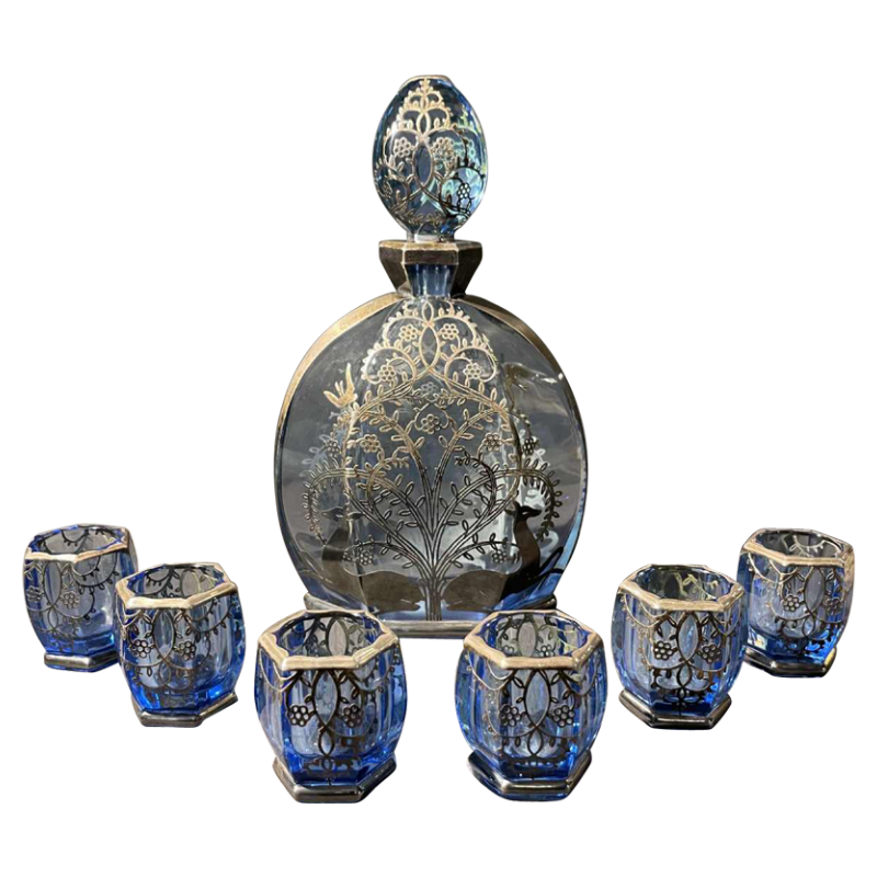 Service Liqueur Art De´co Italien, Carafe & 6 Verres Cristal taillé et Argent poiçonné, 1930