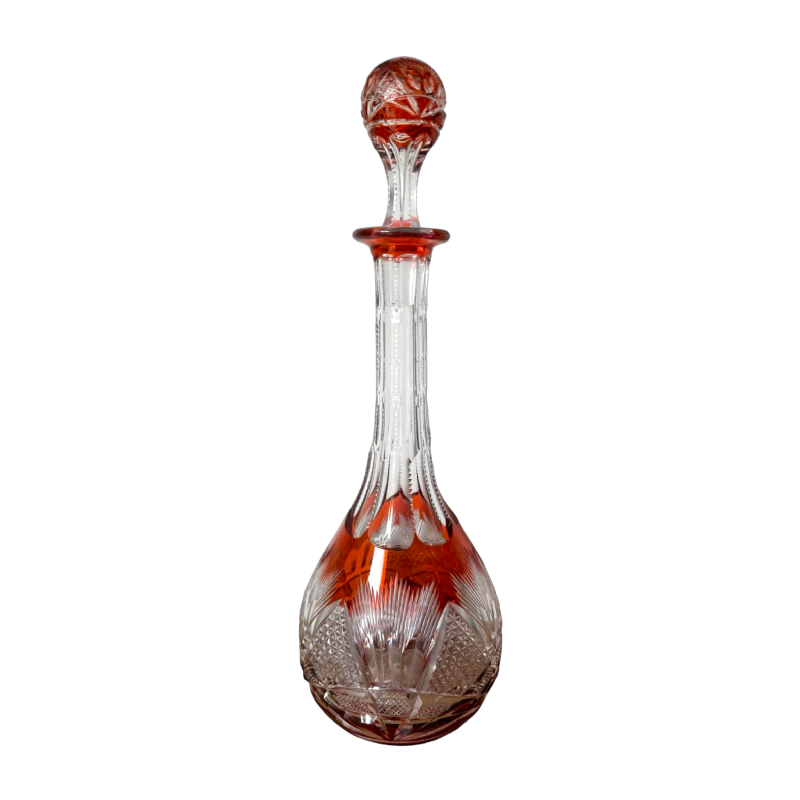 Val Saint Lambert grande carafe en cristal taillé incolore doublé aurore