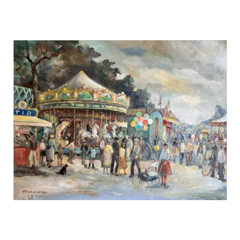 Pol DURUISSEAU « Dernière foire dans Namur Centre 1958 » peinture fête foraine