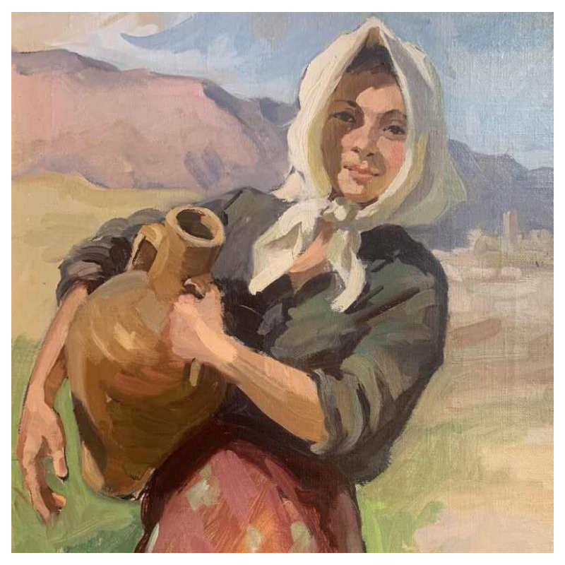 Ellen de Tombay "jeune femme au foulard portant une jarre" hst 55x40 cm