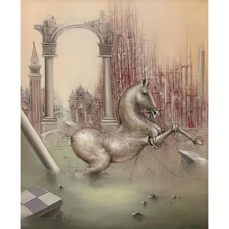 Jean-Claude DRESSE (1946-): « Cheval dans un paysage vénitien fantastique » hsp