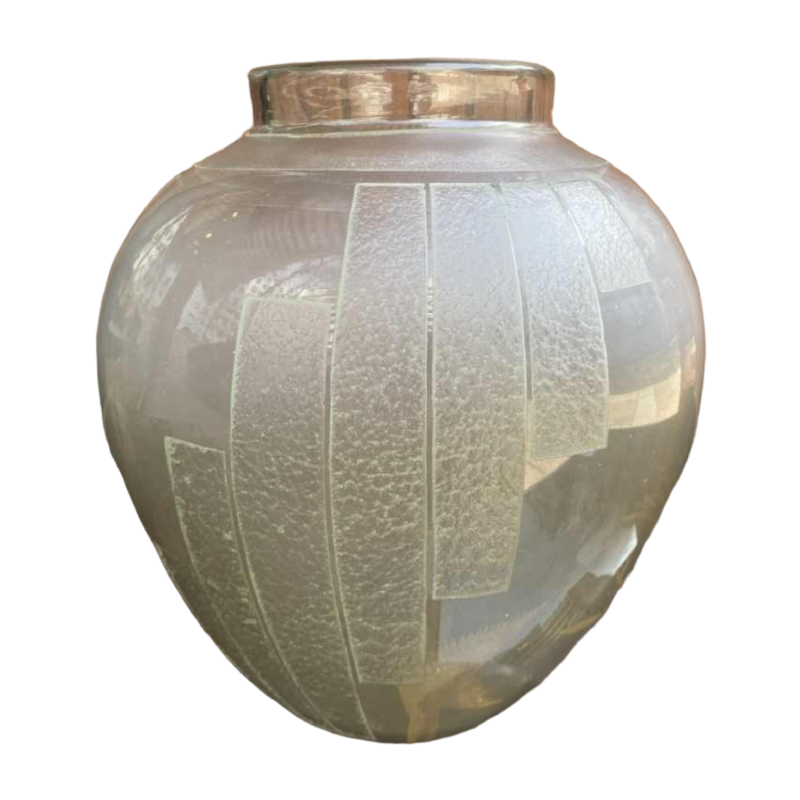 Vase boule Art Déco couleur topaze, verre gravé à l'acide signé Schneider, ca 1930