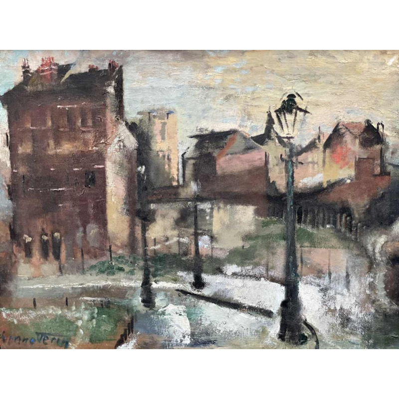 Yvonne Perin (1905-1967) « Paysage urbain en hiver. Namur ?» huile / toile 50x70