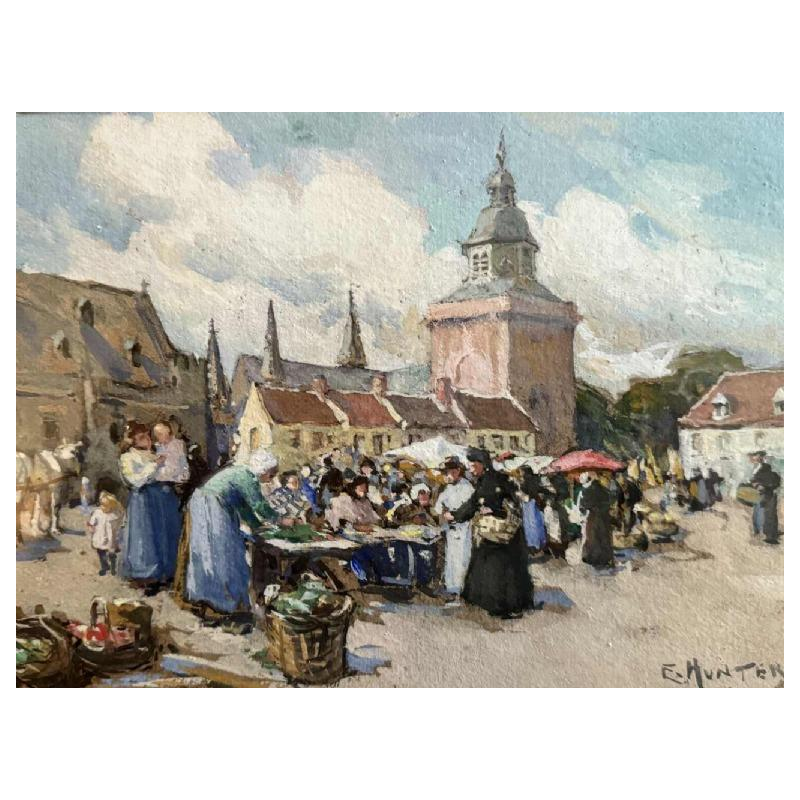 E. HUNTER : « Scène de marché » gouache aquarelle